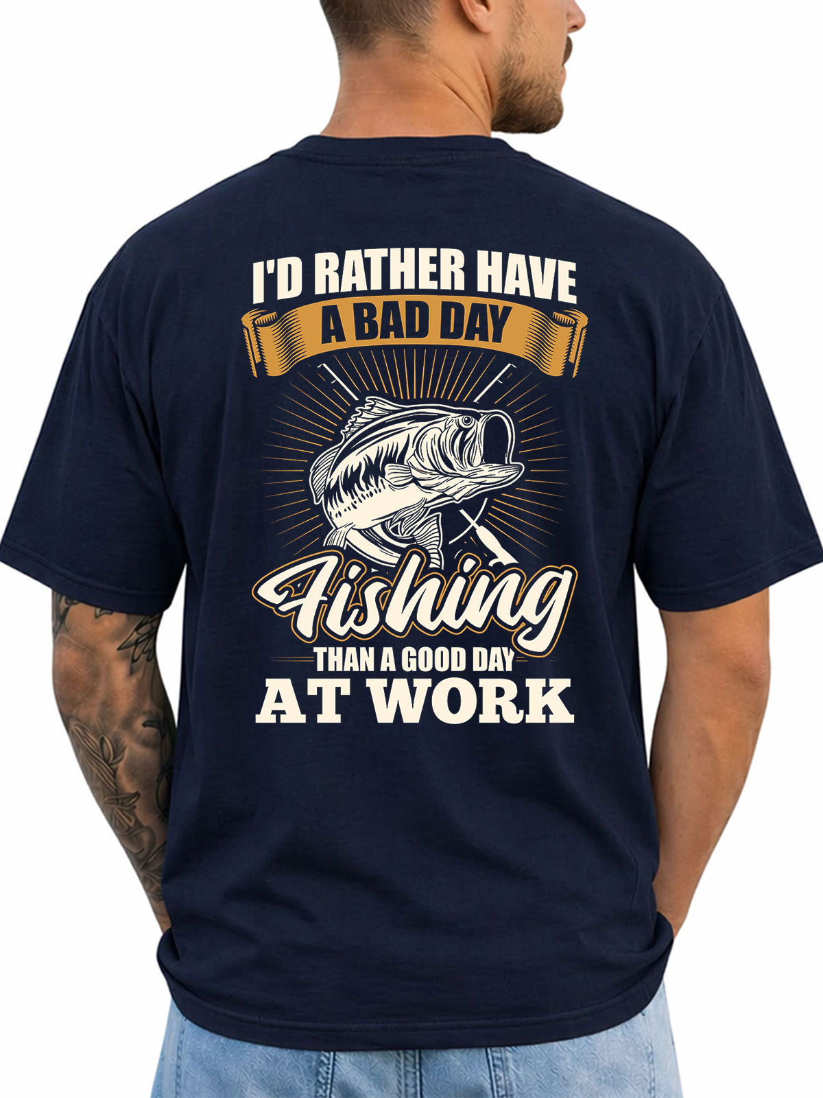 Navy T-shirt back with vintage bass and bad-day-fishing work joke graphic