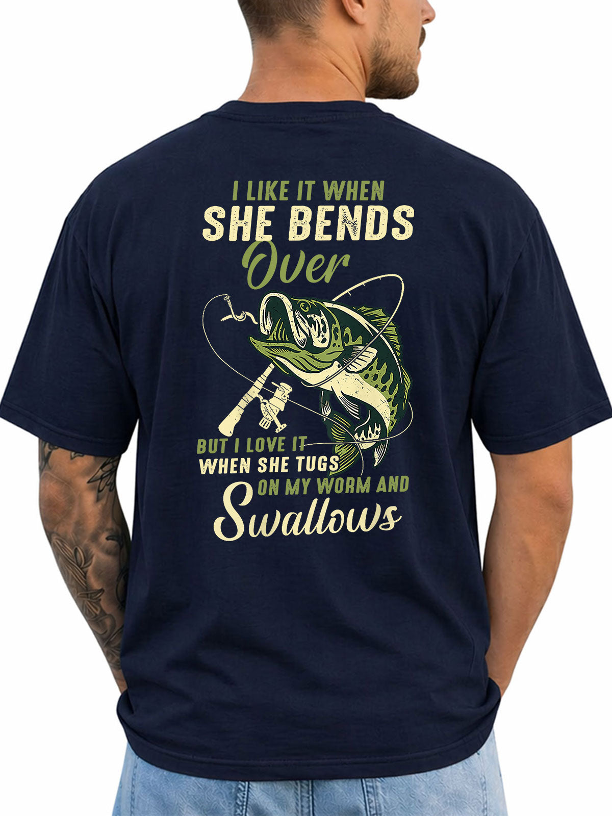 Navy T-shirt back with bass, rod, lure, and explicit fishing-innuendo graphic
