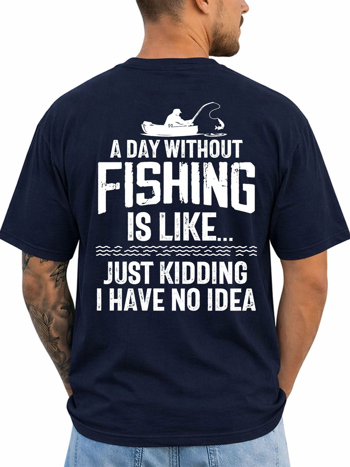 Navy T-shirt back with distressed fishing quote with kayak angler silhouette