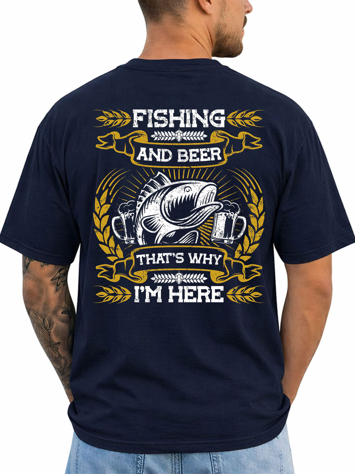 Navy T-shirt back with white and gold bass and beer-mug illustration
