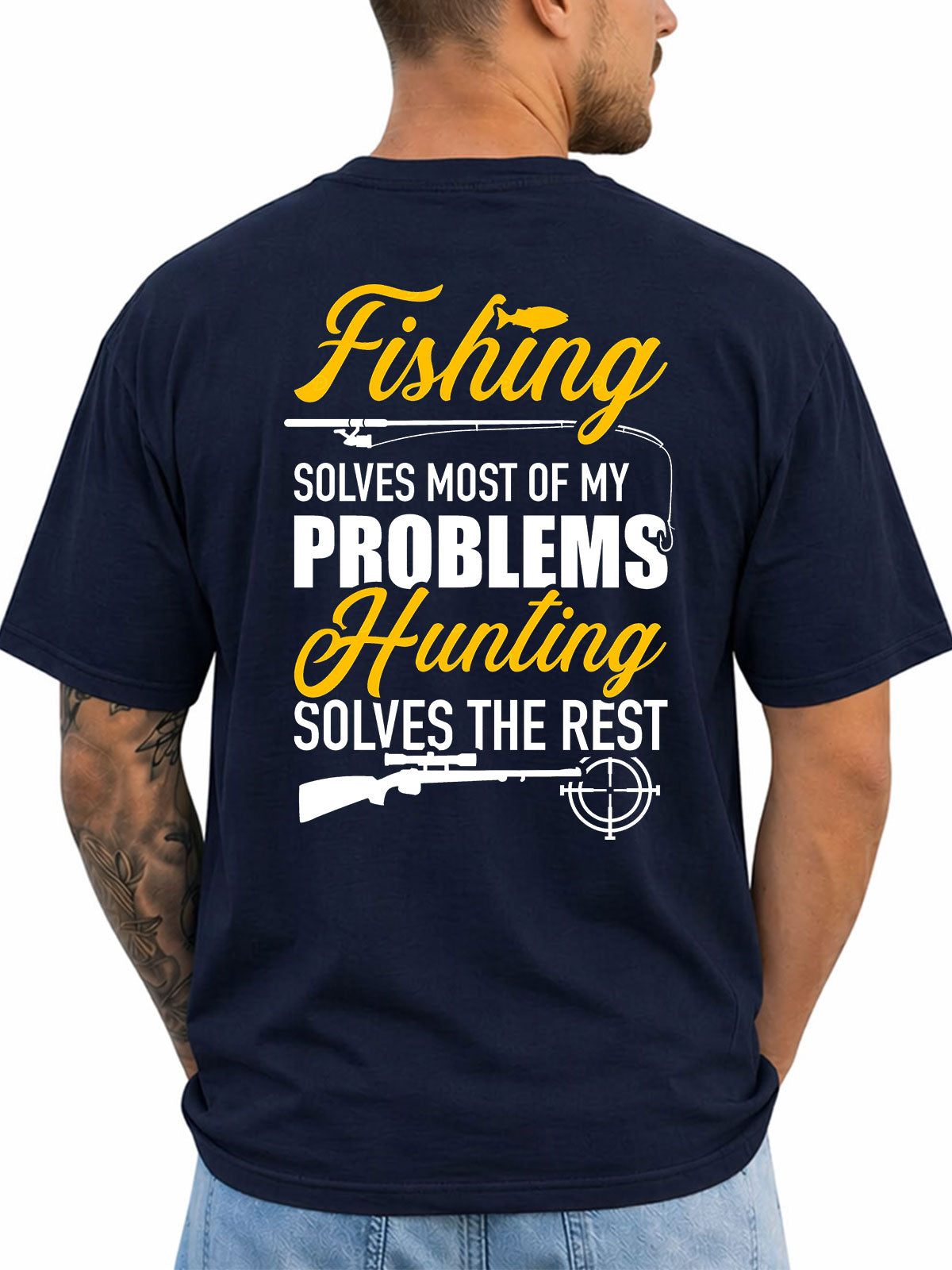Navy T-shirt back with yellow and white fishing and hunting slogan graphic
