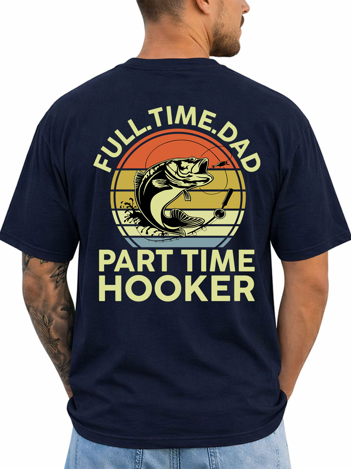 Navy T-shirt back with retro bass and fishing-dad hooker joke graphic