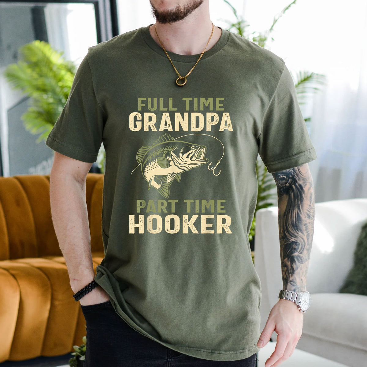 Navy T-shirt front with distressed grandpa fishing joke with bass-style fish and hook