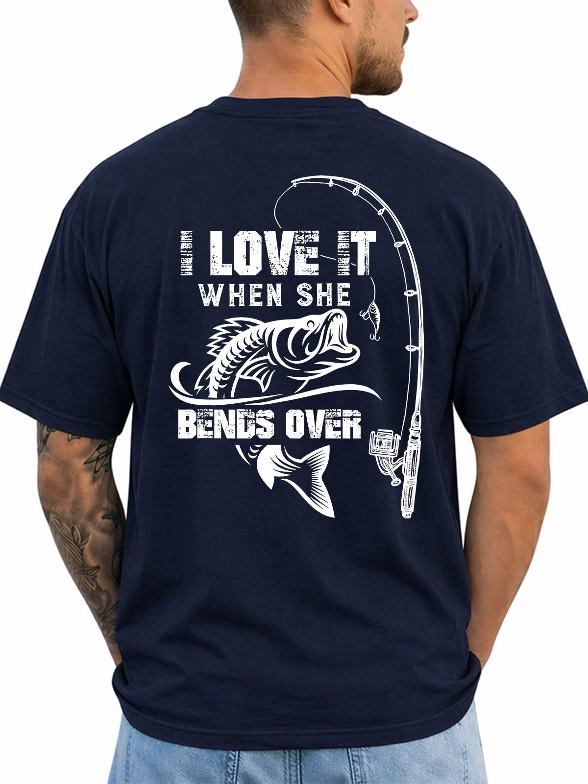 Navy T-shirt back with bass and bent fishing rod double-entendre graphic