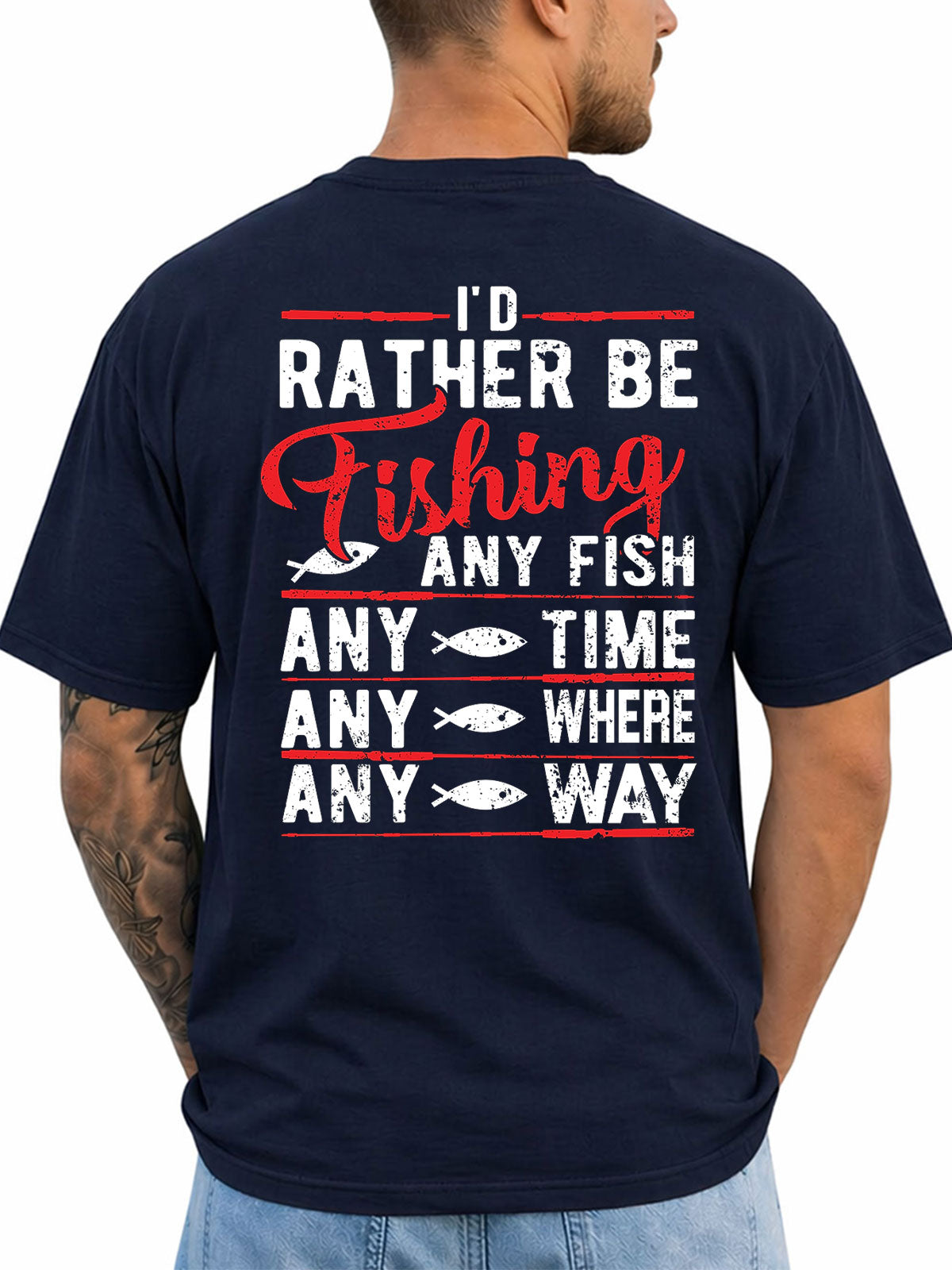Navy T-shirt back with red and white Any Fish Any Time fishing typography