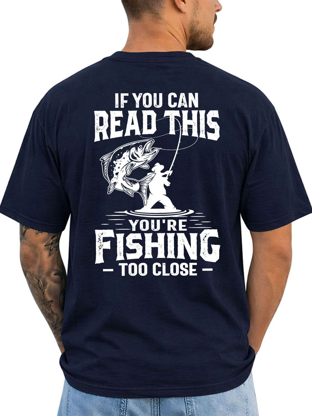 Navy T-shirt back with distressed angler and leaping fish warning graphic