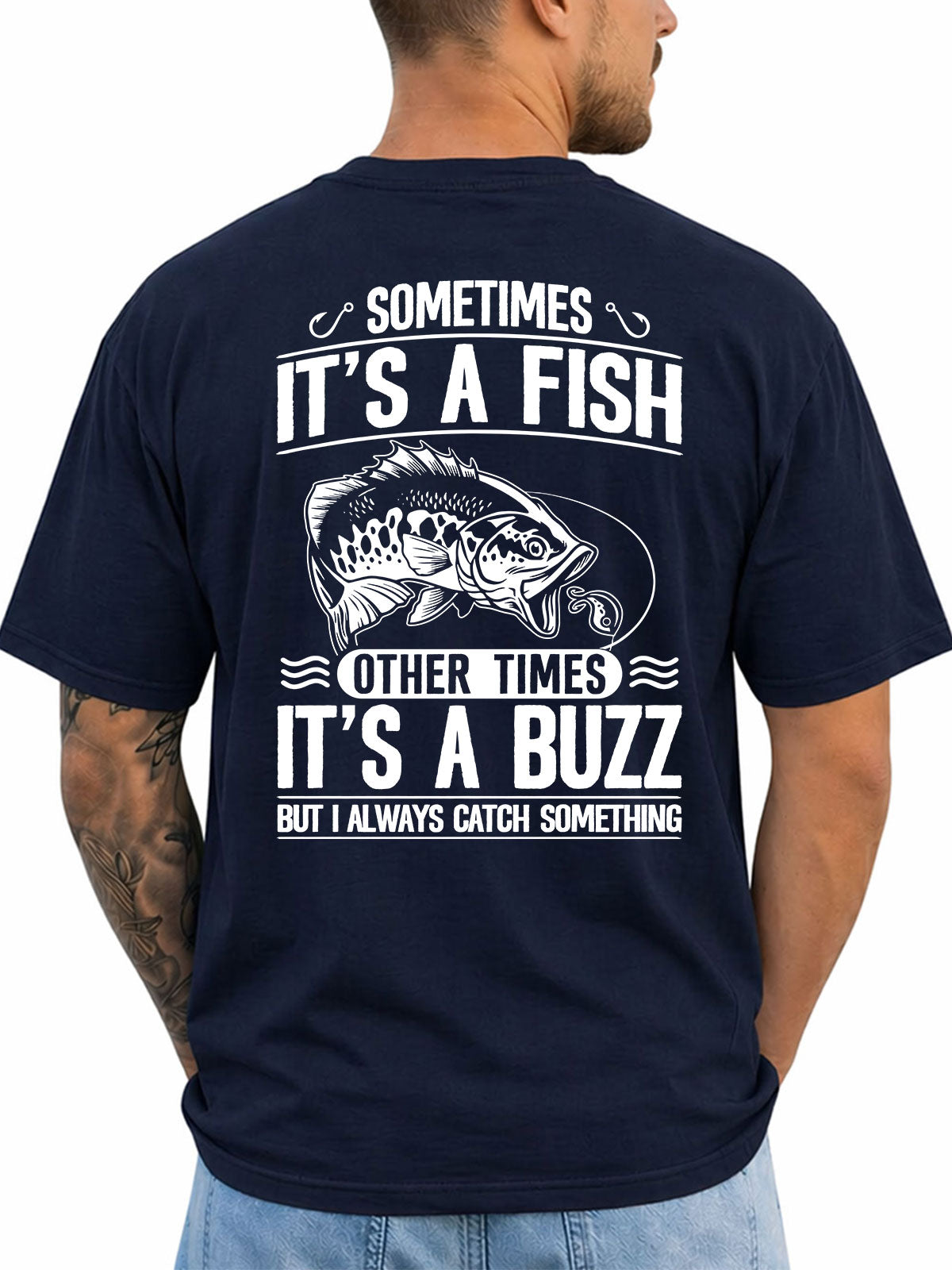 Navy T-shirt back with bass, lure, and fish-or-buzz adult fishing joke