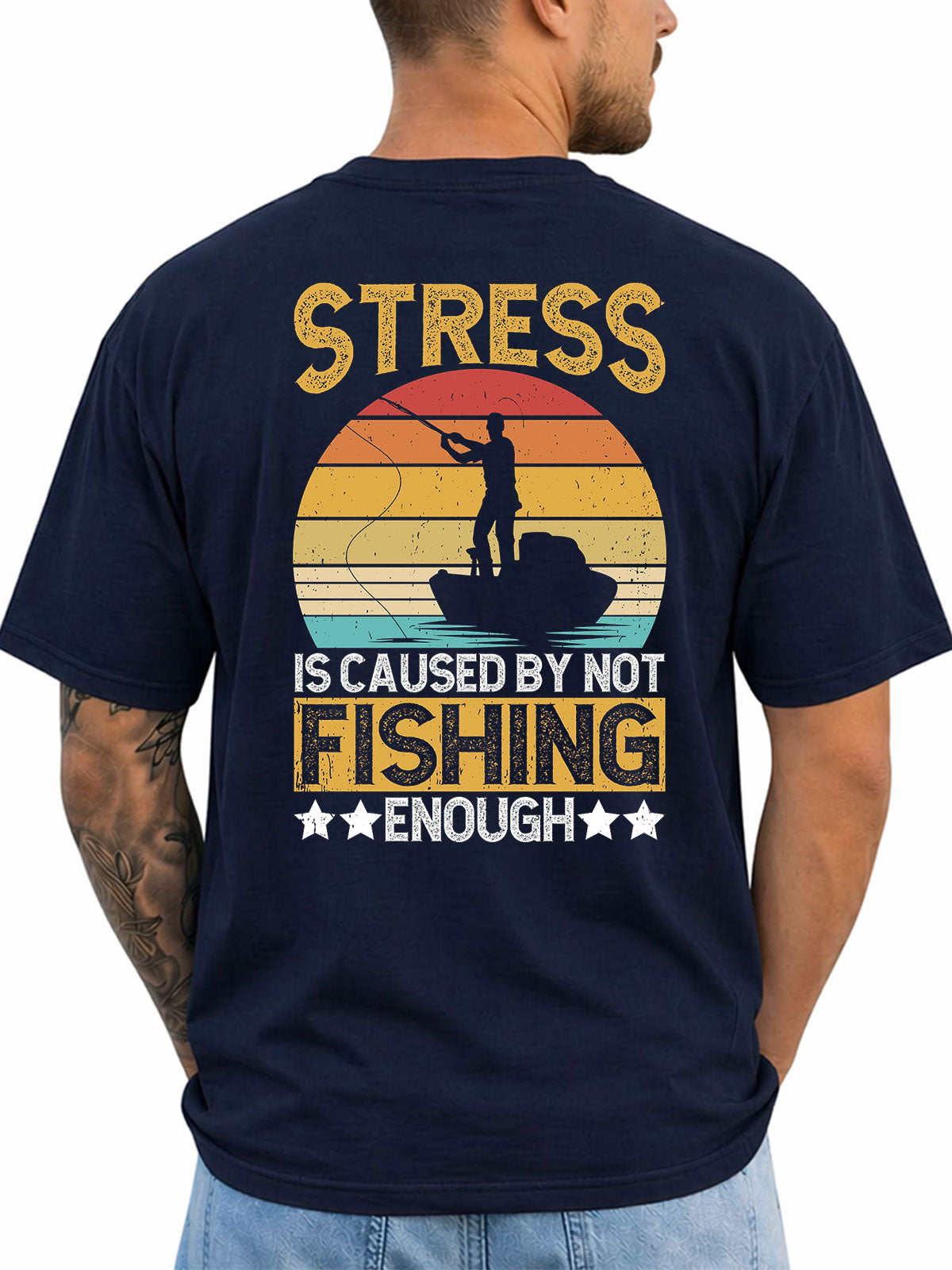 Navy T-shirt back with retro sunset and boat angler stress joke graphic
