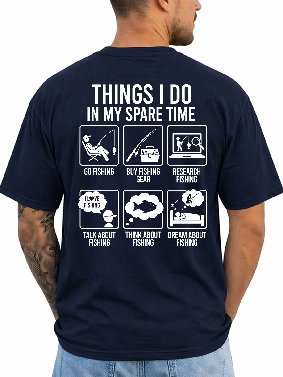 Navy T-shirt back with six-panel spare-time fishing activities infographic