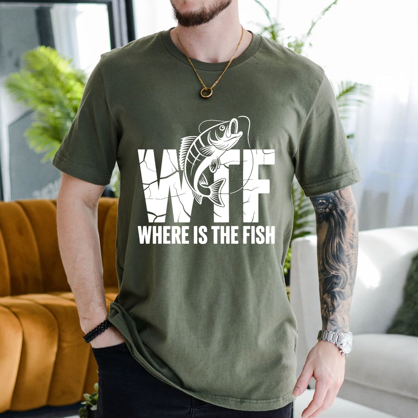 Navy T-shirt front with cracked WTF lettering with a jumping fish and Where Is the Fish caption