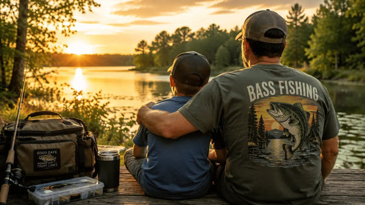Bass fishing gift inspiration for Dad at a bright lakeside sunset