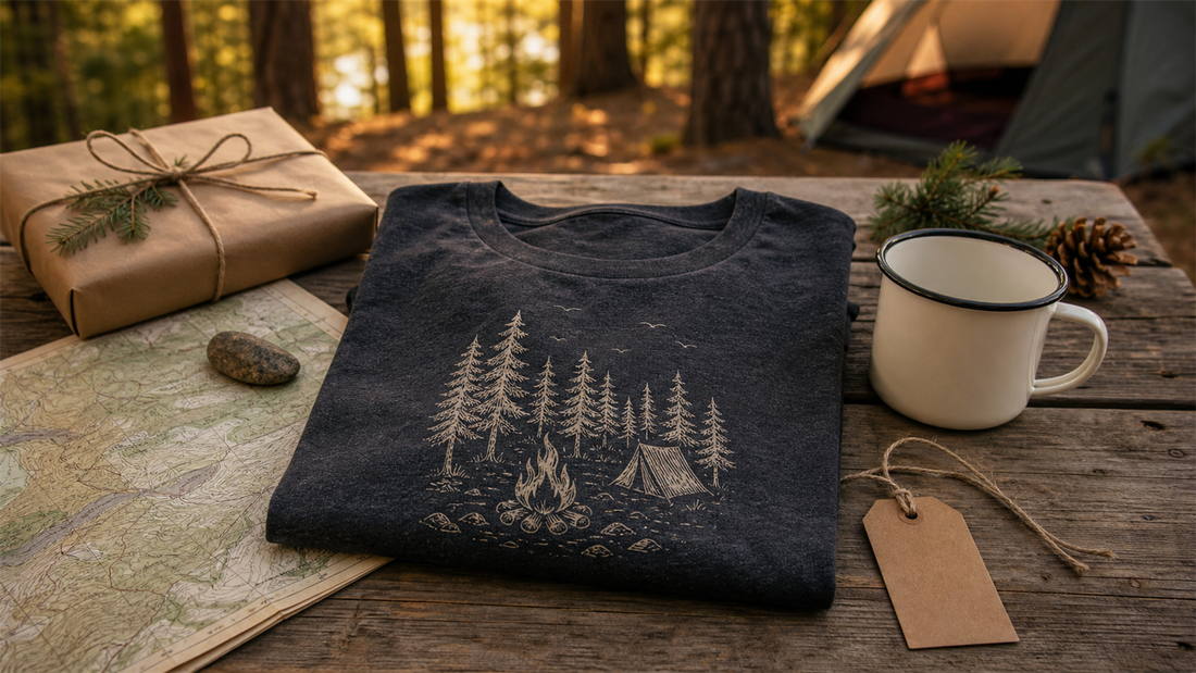 Camping gift scene with a folded pine-and-campfire shirt, wrapped present, map, and enamel mug