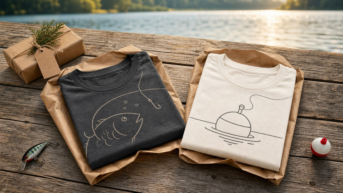 Funny fishing gift scene with two folded fishing-themed shirts beside a wrapped present on a lakeside dock