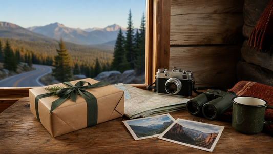 National park travel keepsakes, folded map, camera, binoculars, and wrapped gift on a rustic cabin table