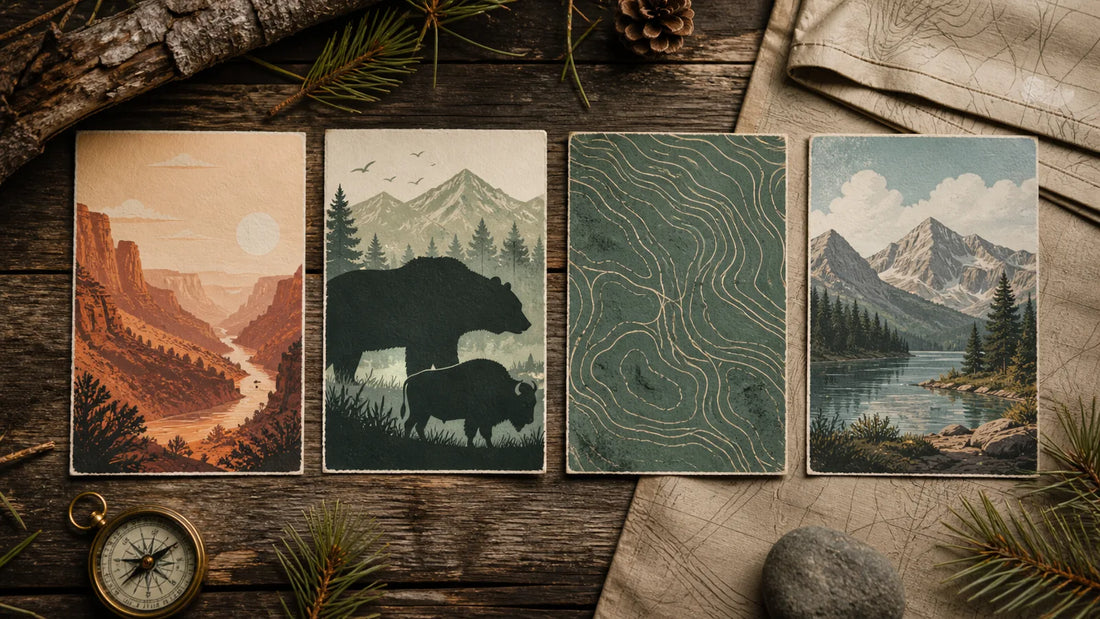 Editorial national park art study with vintage, wildlife, map, and landscape themes