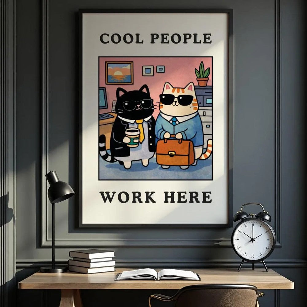 Cool People Work Here Cat Print – Funny Office Wall Art, Cute Work Cat Poster, Aesthetic Workspace Decor.