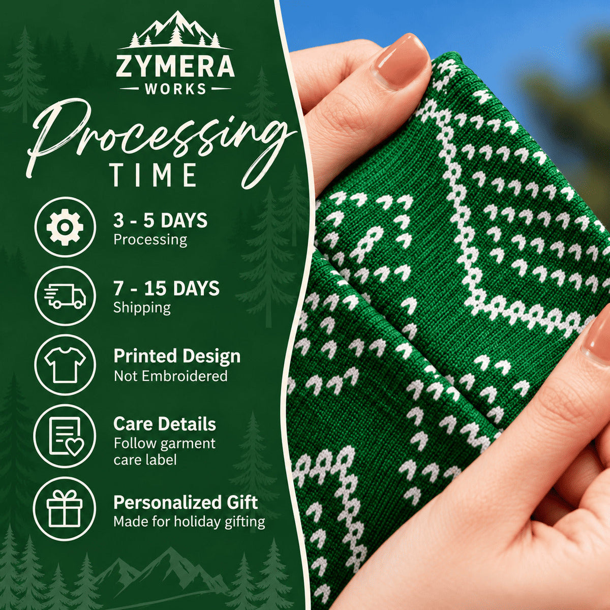 Zymera Works sweater processing time of 3 to 5 days and shipping estimate of 7 to 15 days