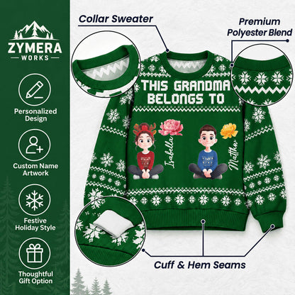 Zymera Works sweater detail graphic showing the collar, fabric, cuff, and hem