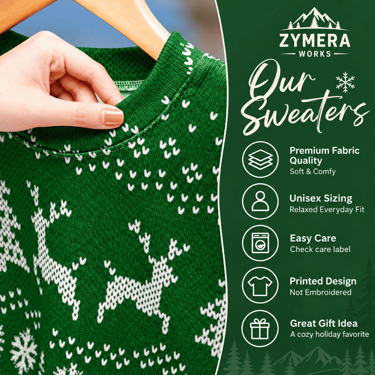 Zymera Works sweater highlights for fabric, unisex fit, care, and printed design