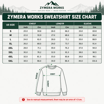 Zymera Works sweatshirt size chart for sizes S through 5XL, with chest, length, and sleeve measurements