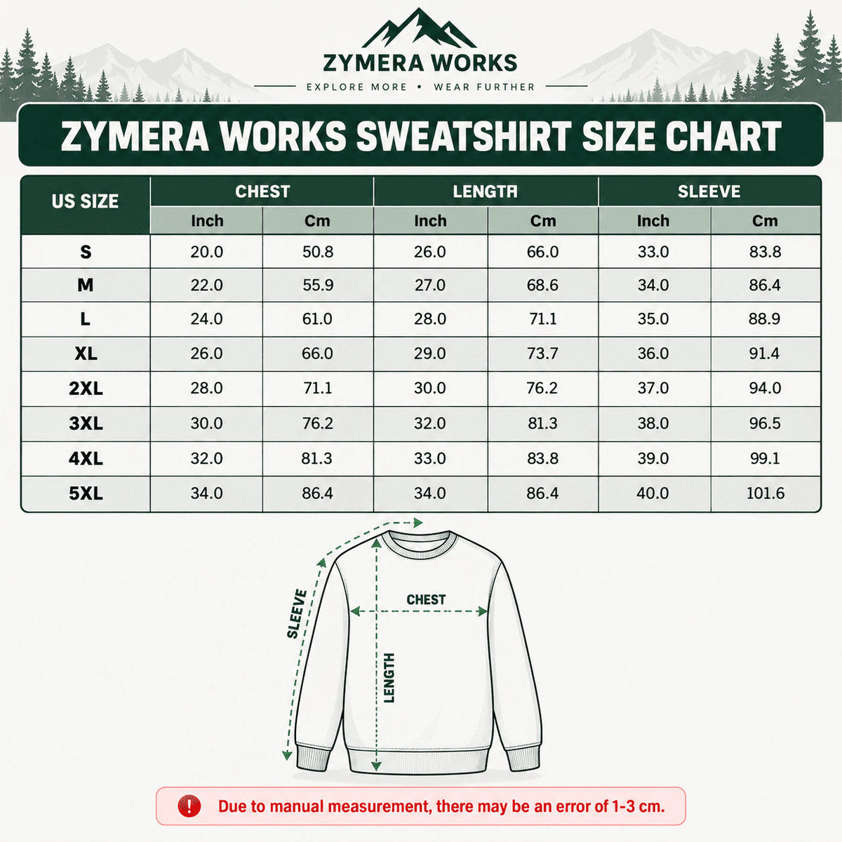 Zymera Works sweatshirt size chart for sizes S through 5XL, with chest, length, and sleeve measurements