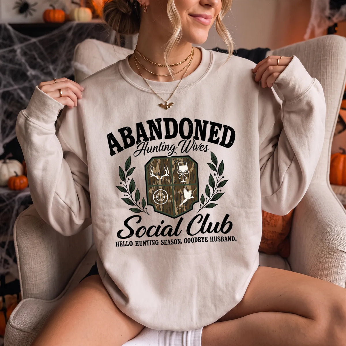 Abandoned Hunting Wives Social Club Sweatshirt Women model in Sand