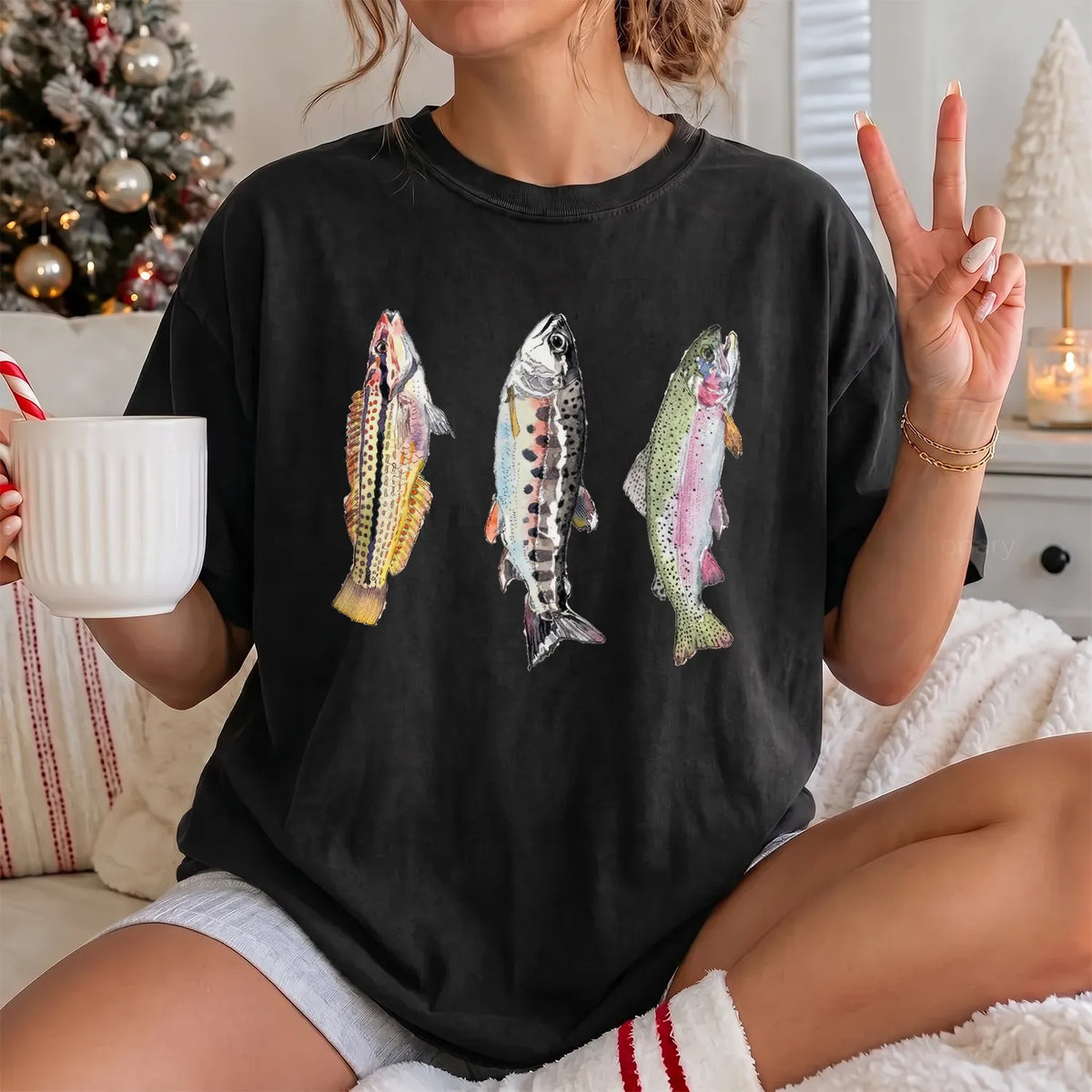 Abstract Trout Trio T-Shirt Women model in Black