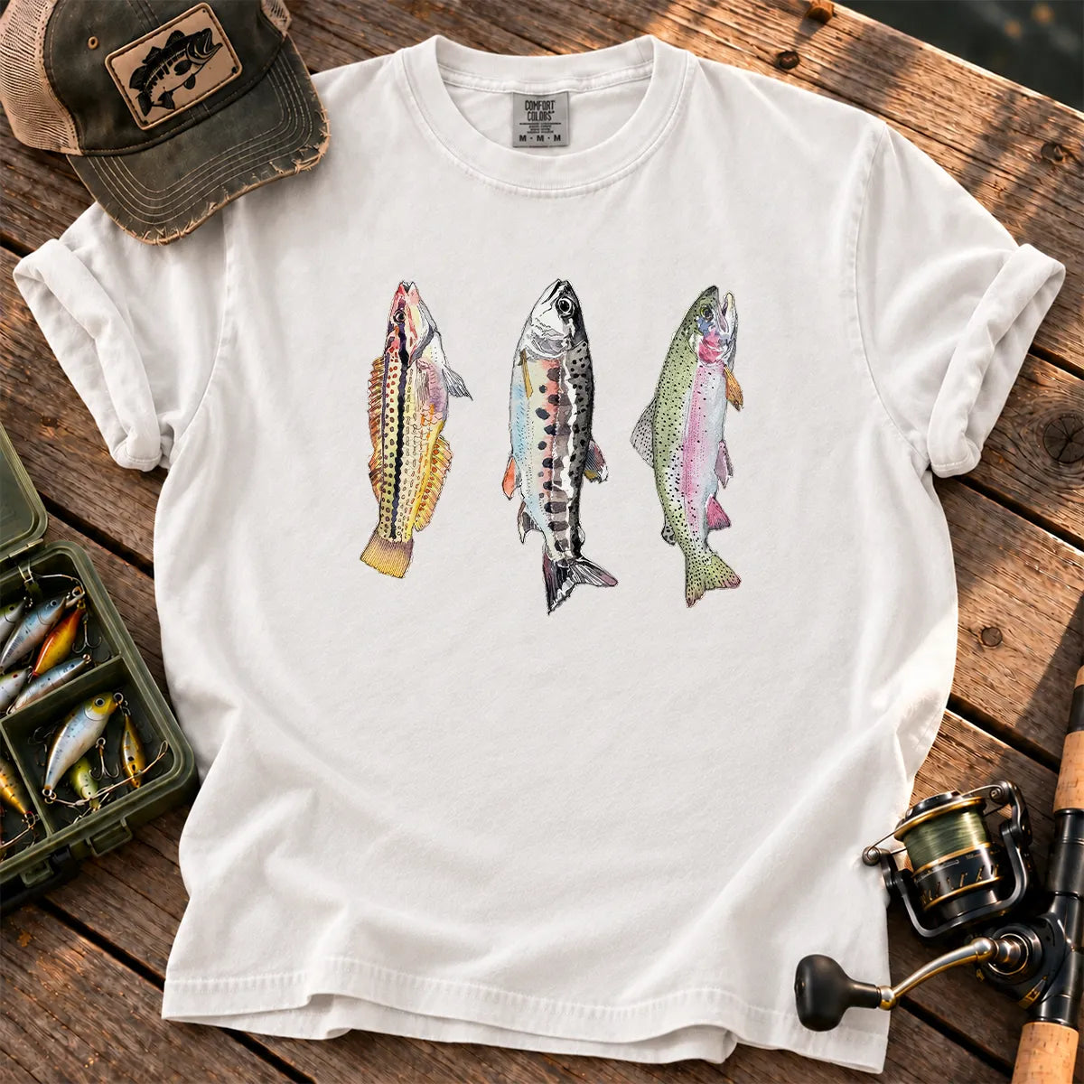 Abstract Trout Trio T-Shirt in White