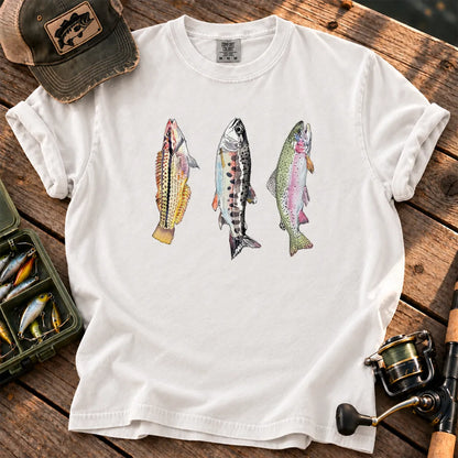 Abstract Trout Trio T-Shirt in White