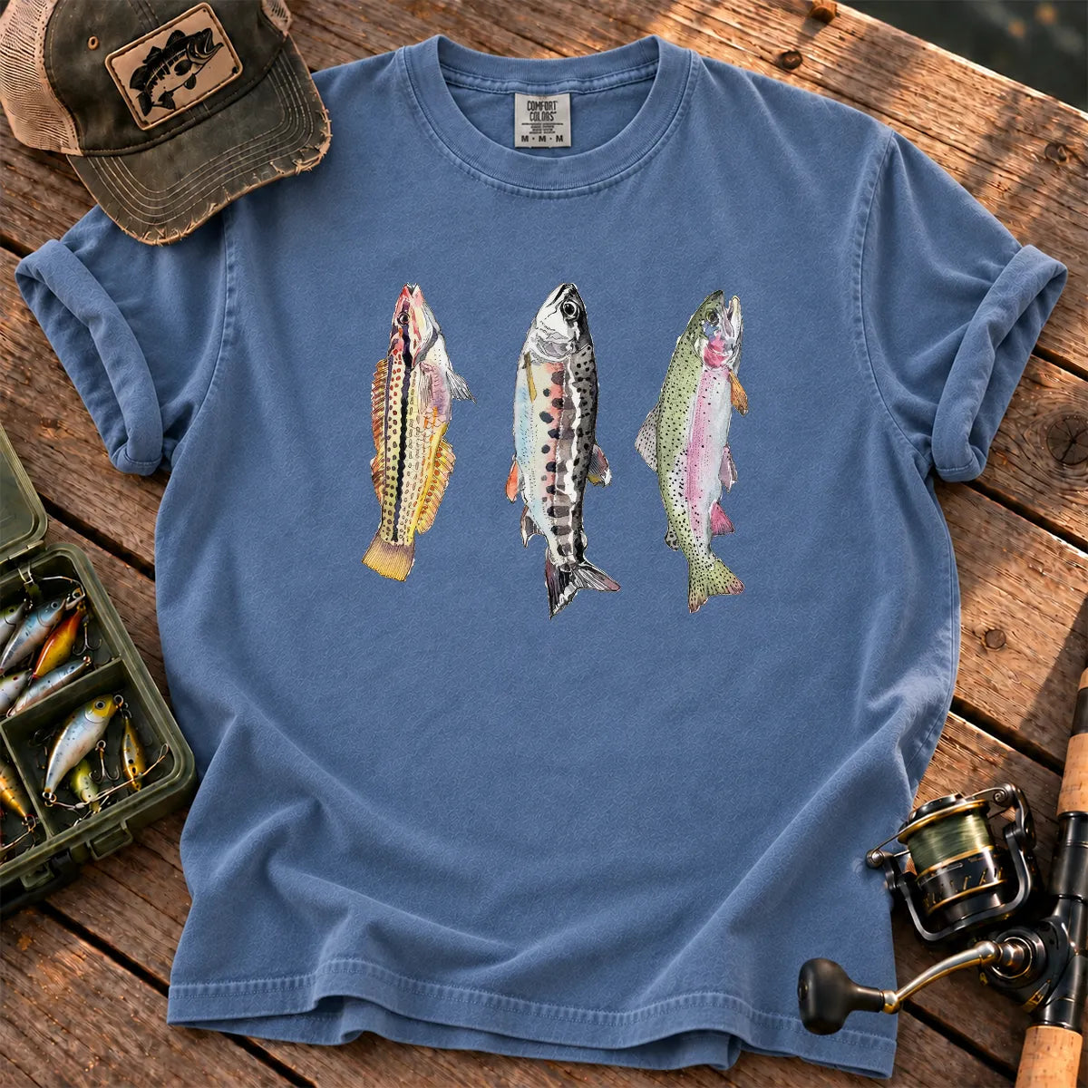 Abstract Trout Trio T-Shirt in Blue Jean