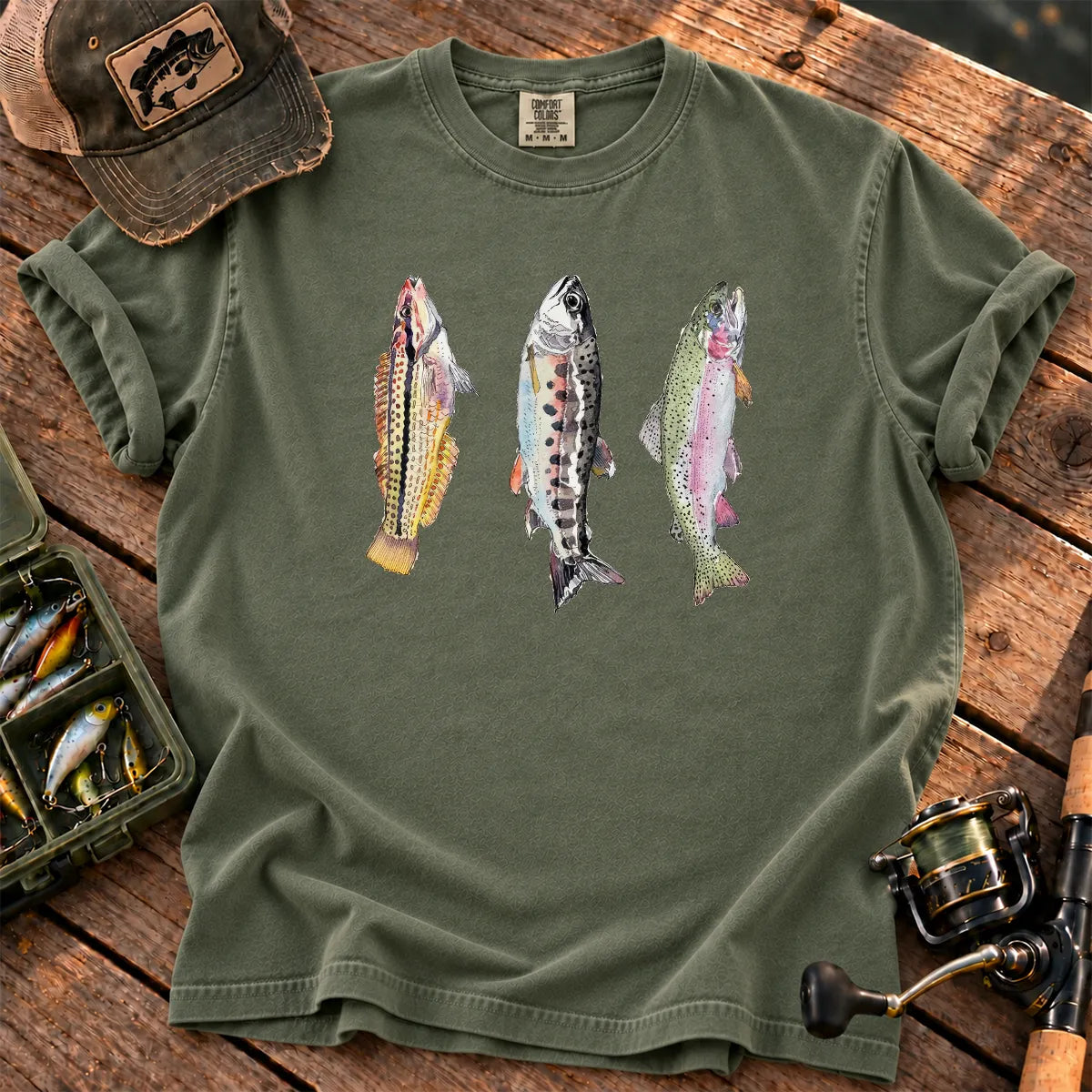 Abstract Trout Trio T-Shirt in Moss