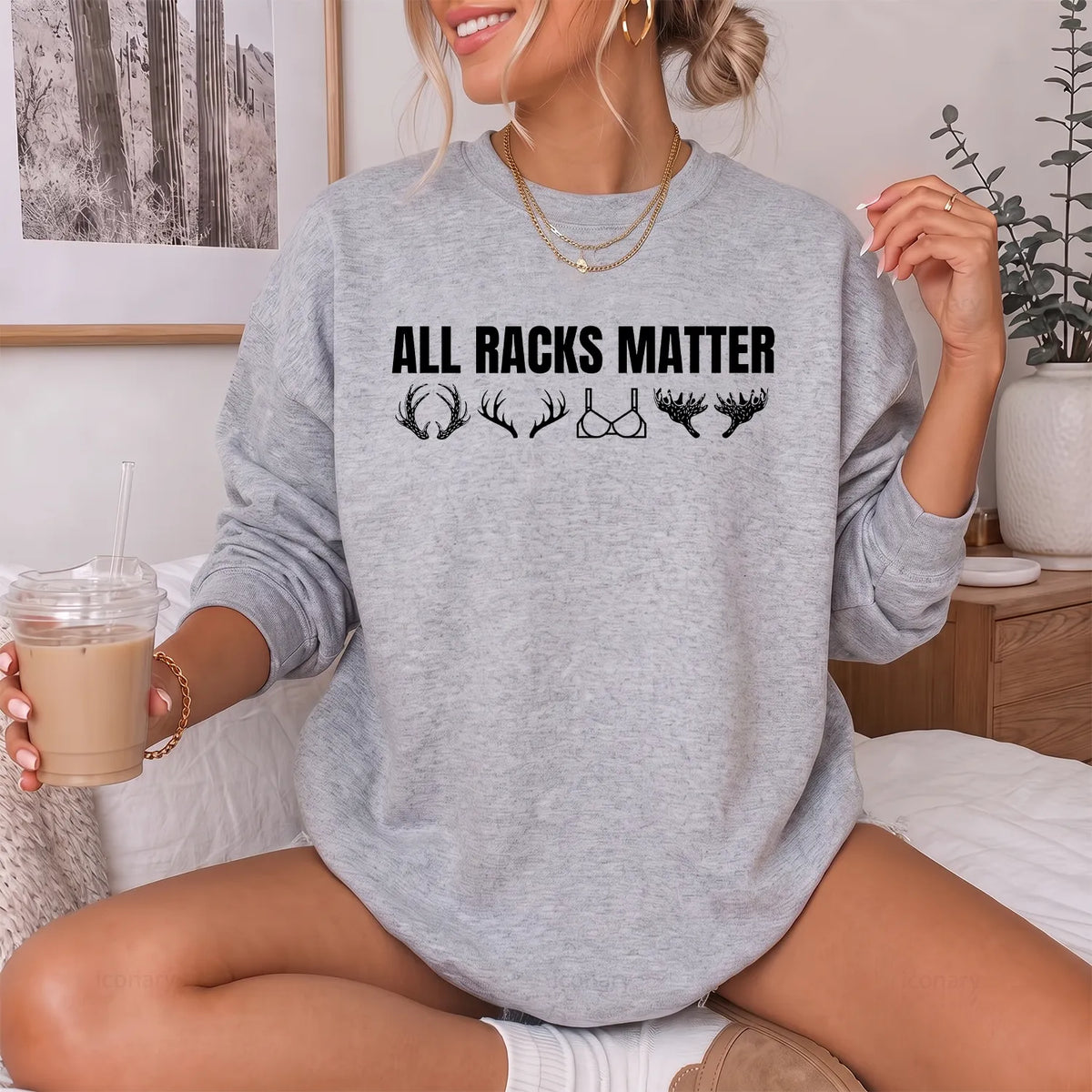 All Racks Matter Antlers Sweatshirt Women model in Sport Grey