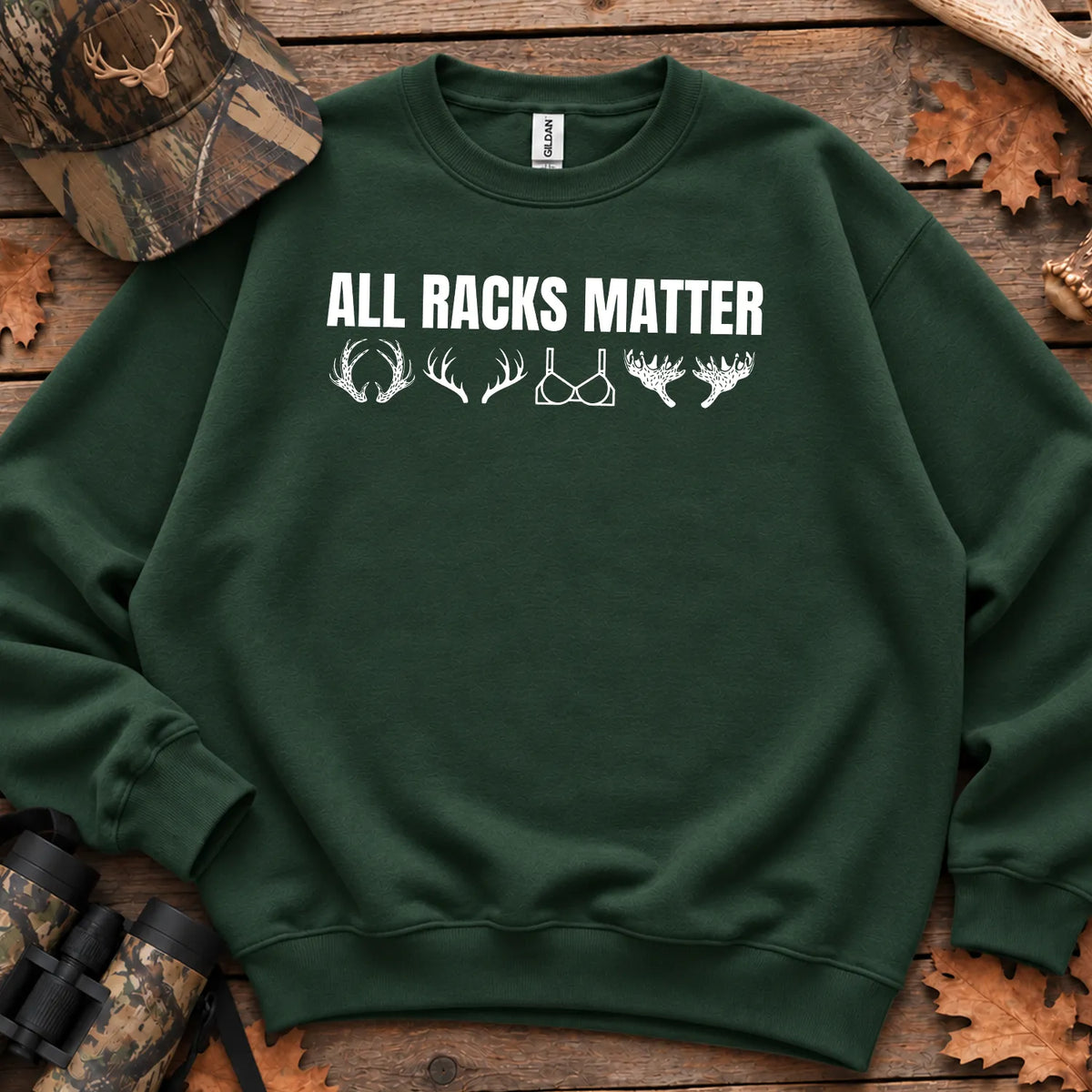 All Racks Matter Antlers Sweatshirt in Forest Green