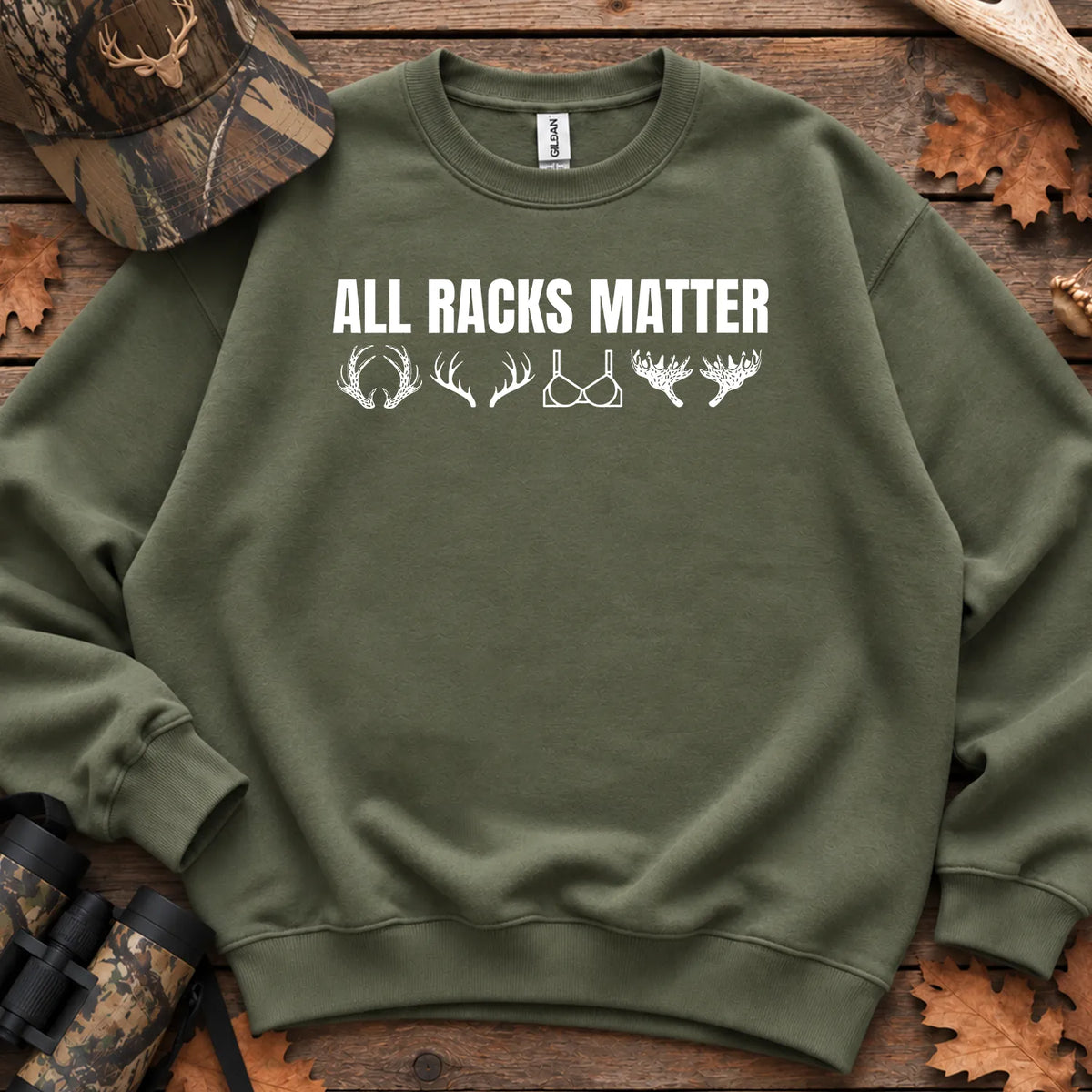 All Racks Matter Antlers Sweatshirt in Military Green