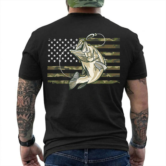 Black T-shirt back with jumping bass over a camouflage American flag back graphic