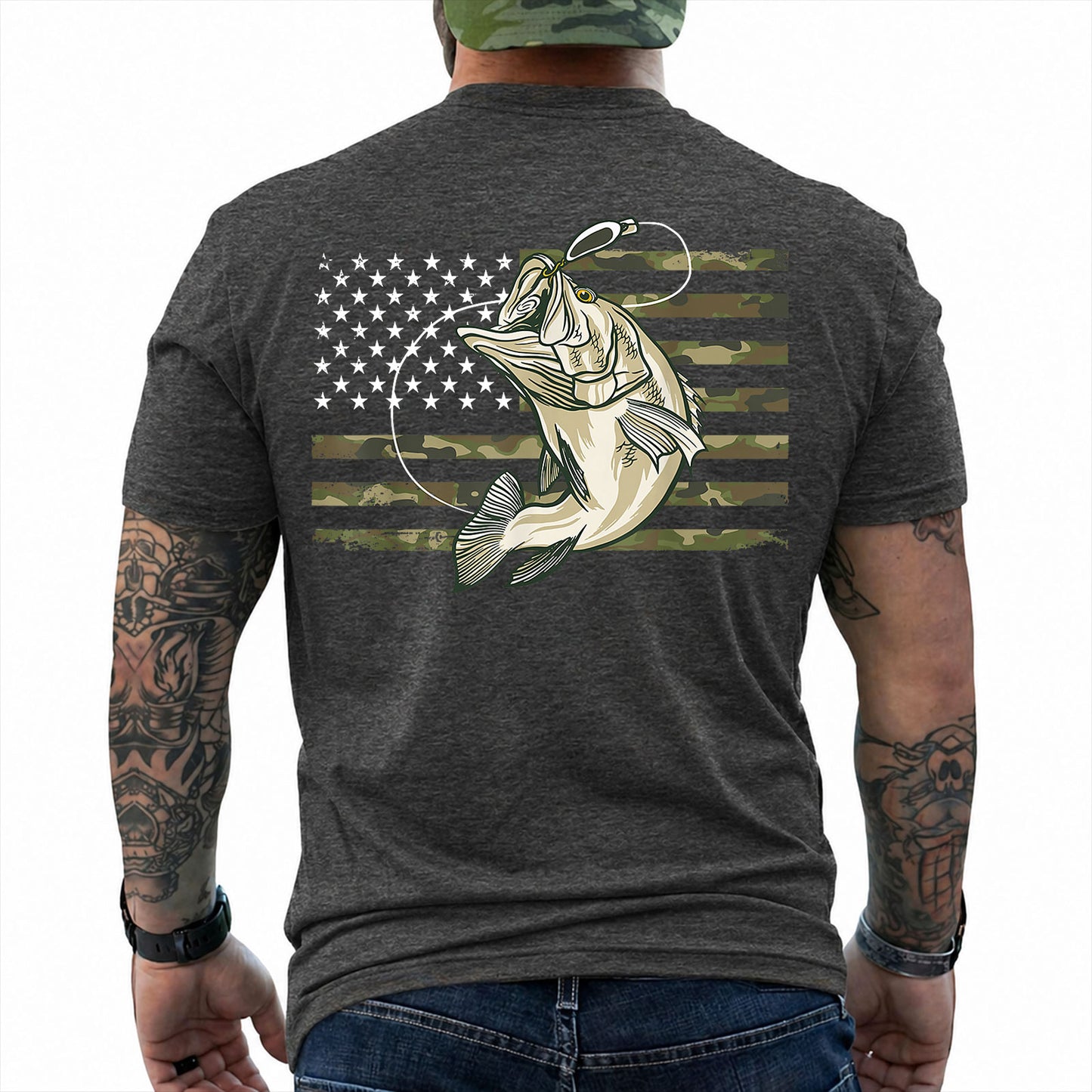 Dark Heather T-shirt back with jumping bass over a camouflage American flag back graphic