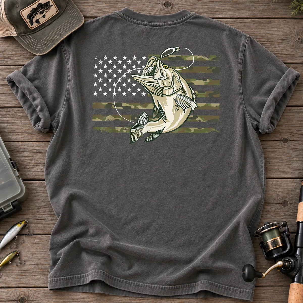 American Flag Bass Fishing Camo T-Shirt in Pepper