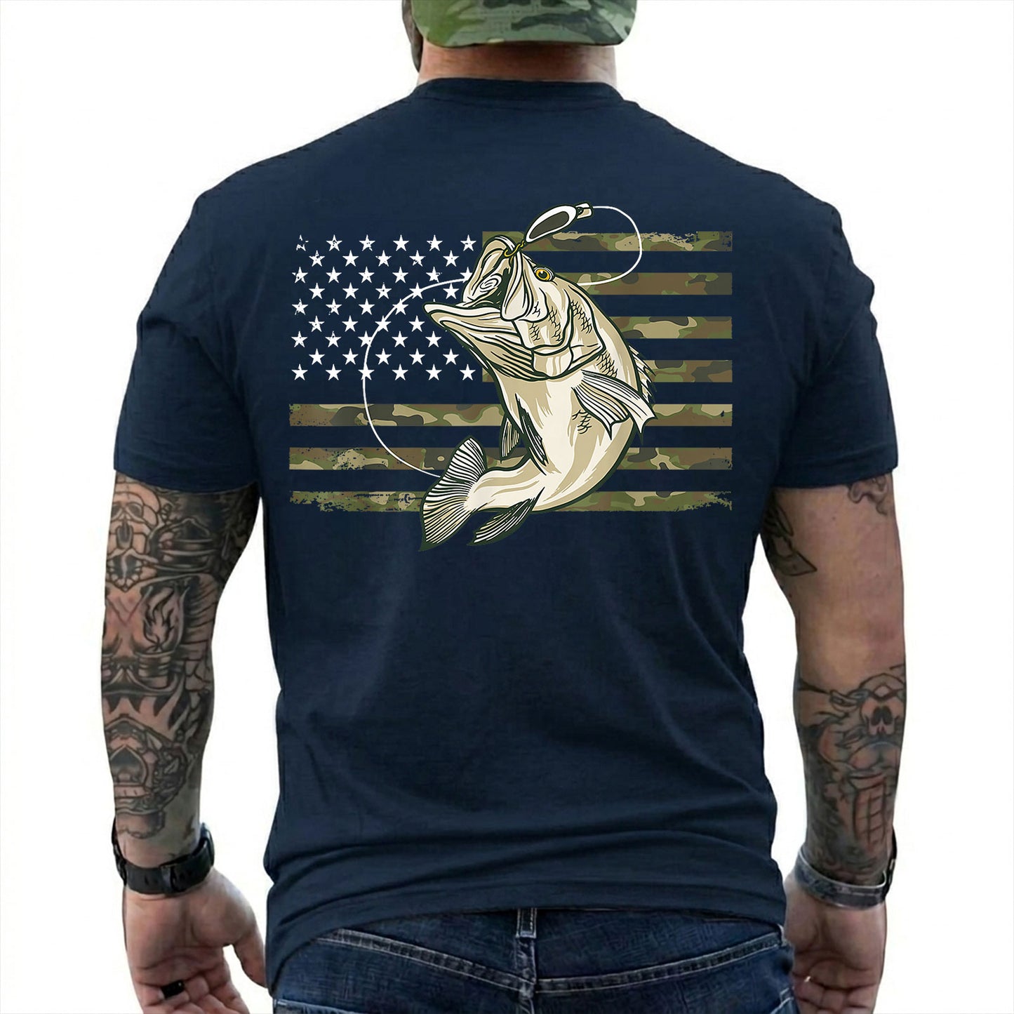 Forest Green T-shirt back with jumping bass over a camouflage American flag back graphic