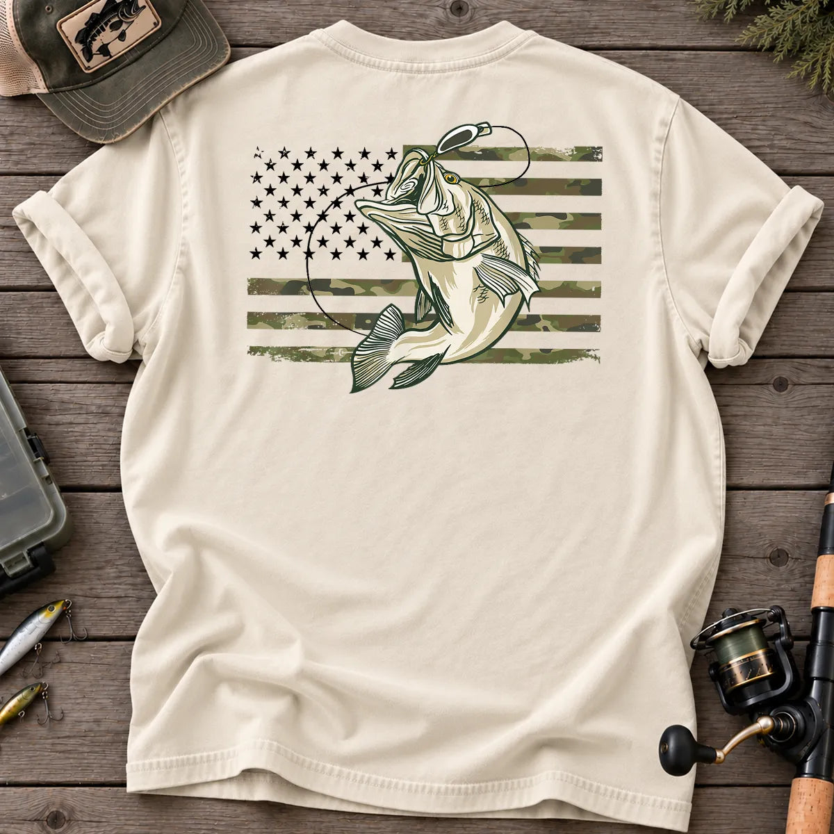 American Flag Bass Fishing Camo T-Shirt in Ivory