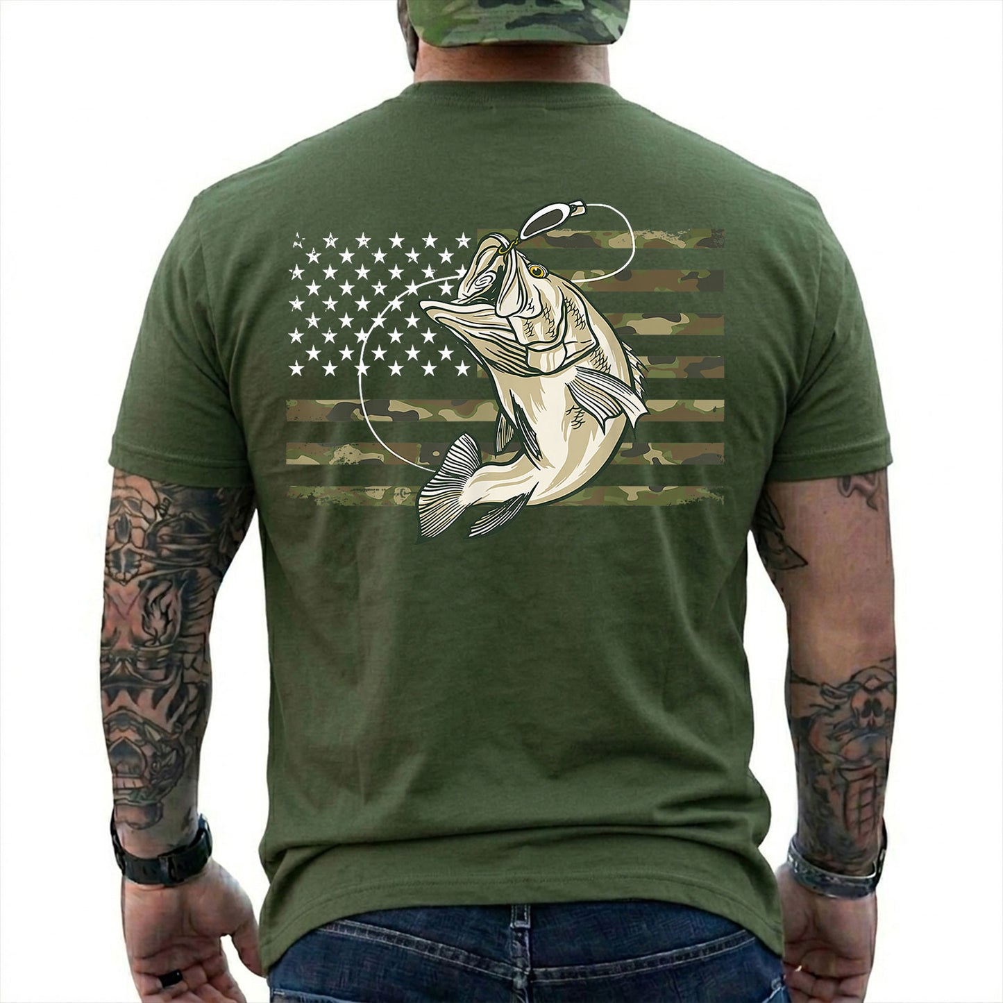 Military Green T-shirt back with jumping bass over a camouflage American flag back graphic