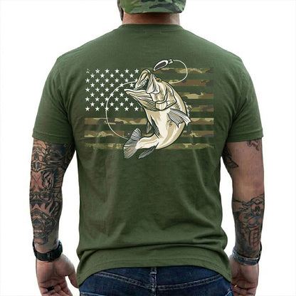 Military Green T-shirt back with jumping bass over a camouflage American flag back graphic