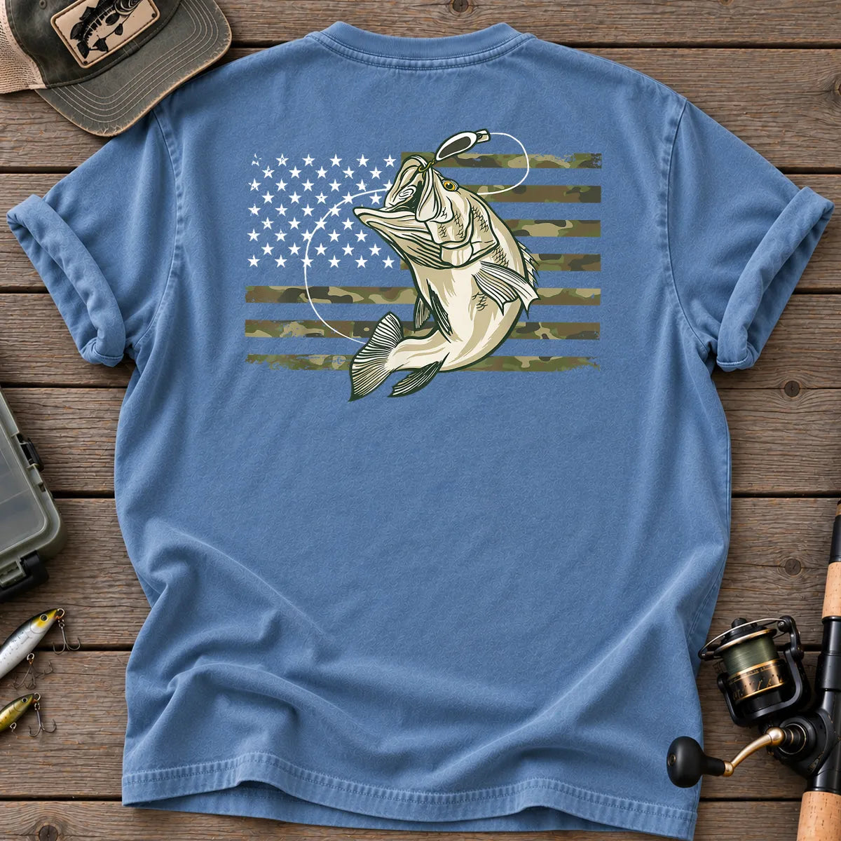 American Flag Bass Fishing Camo T-Shirt in Blue Jean