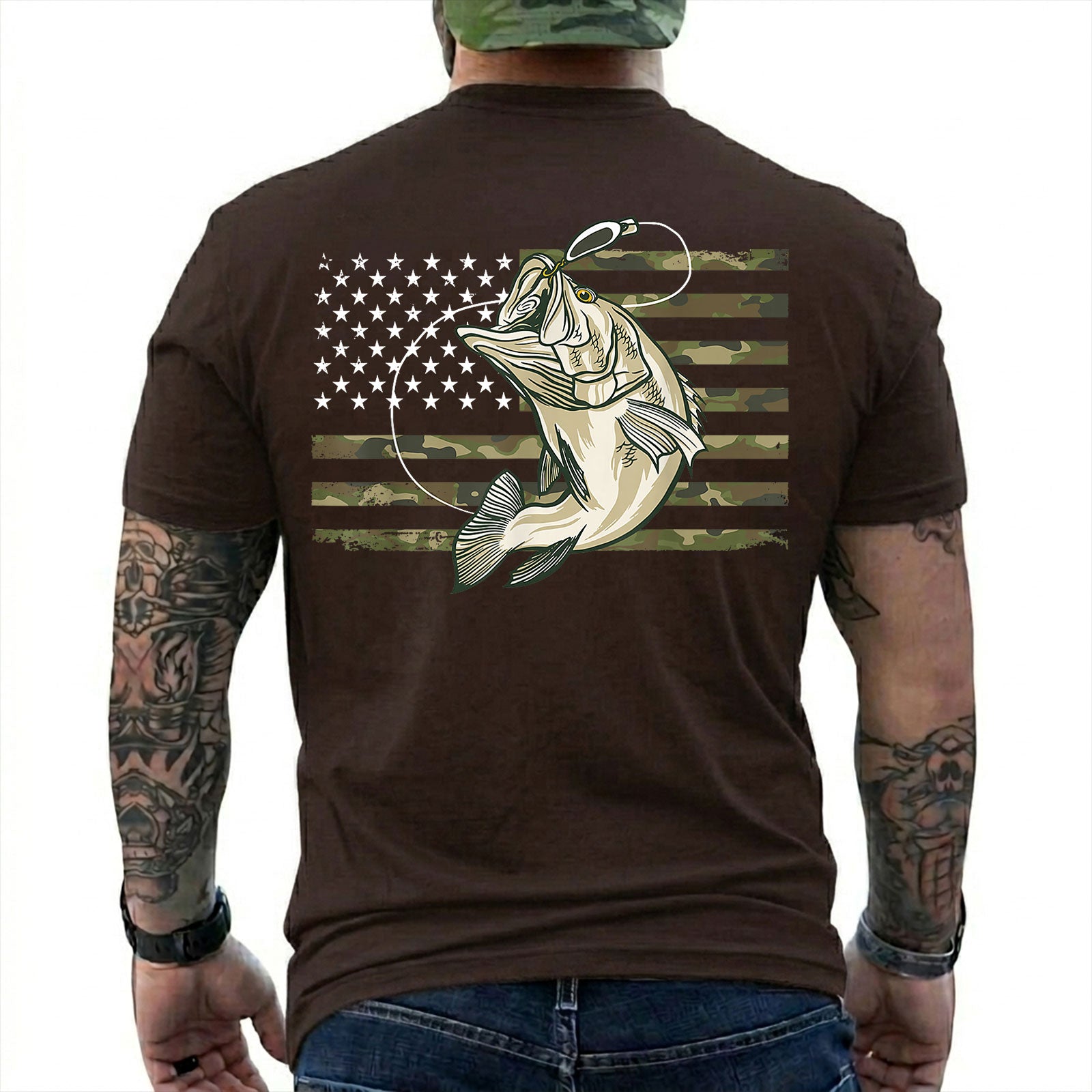 Dark Chocolate T-shirt back with jumping bass over a camouflage American flag back graphic