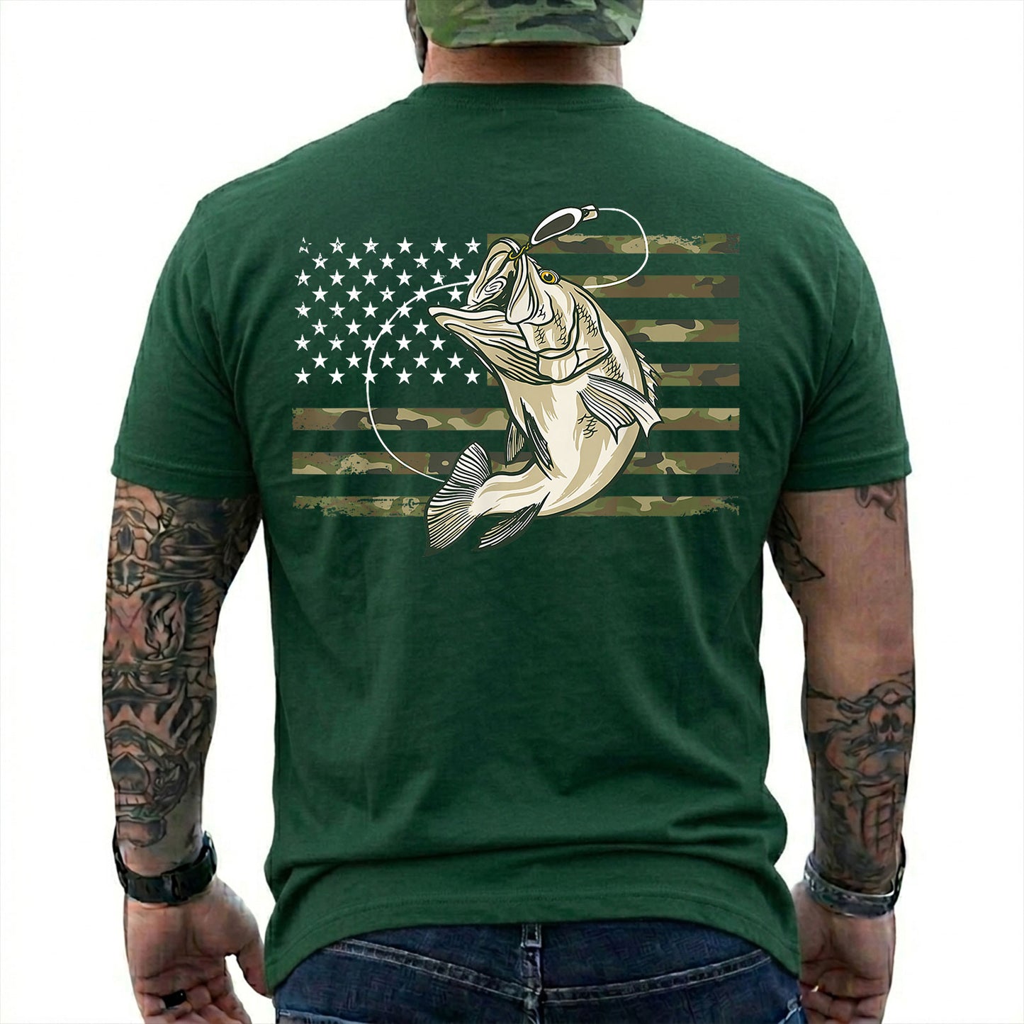 Navy T-shirt back with jumping bass over a camouflage American flag back graphic