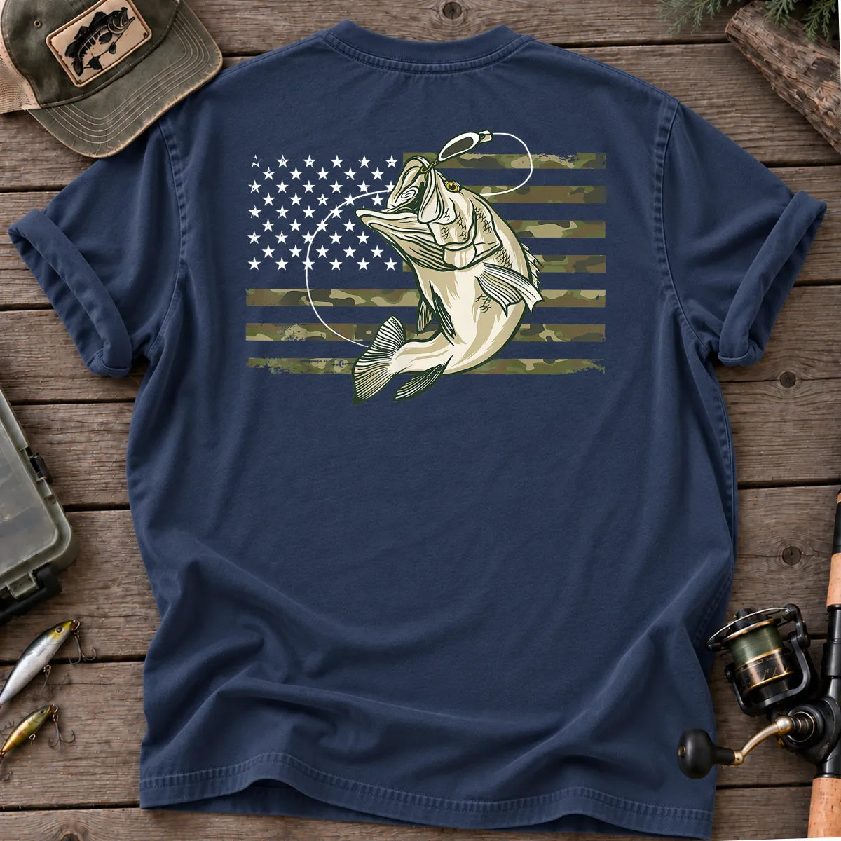 American Flag Bass Fishing Camo T-Shirt in True Navy