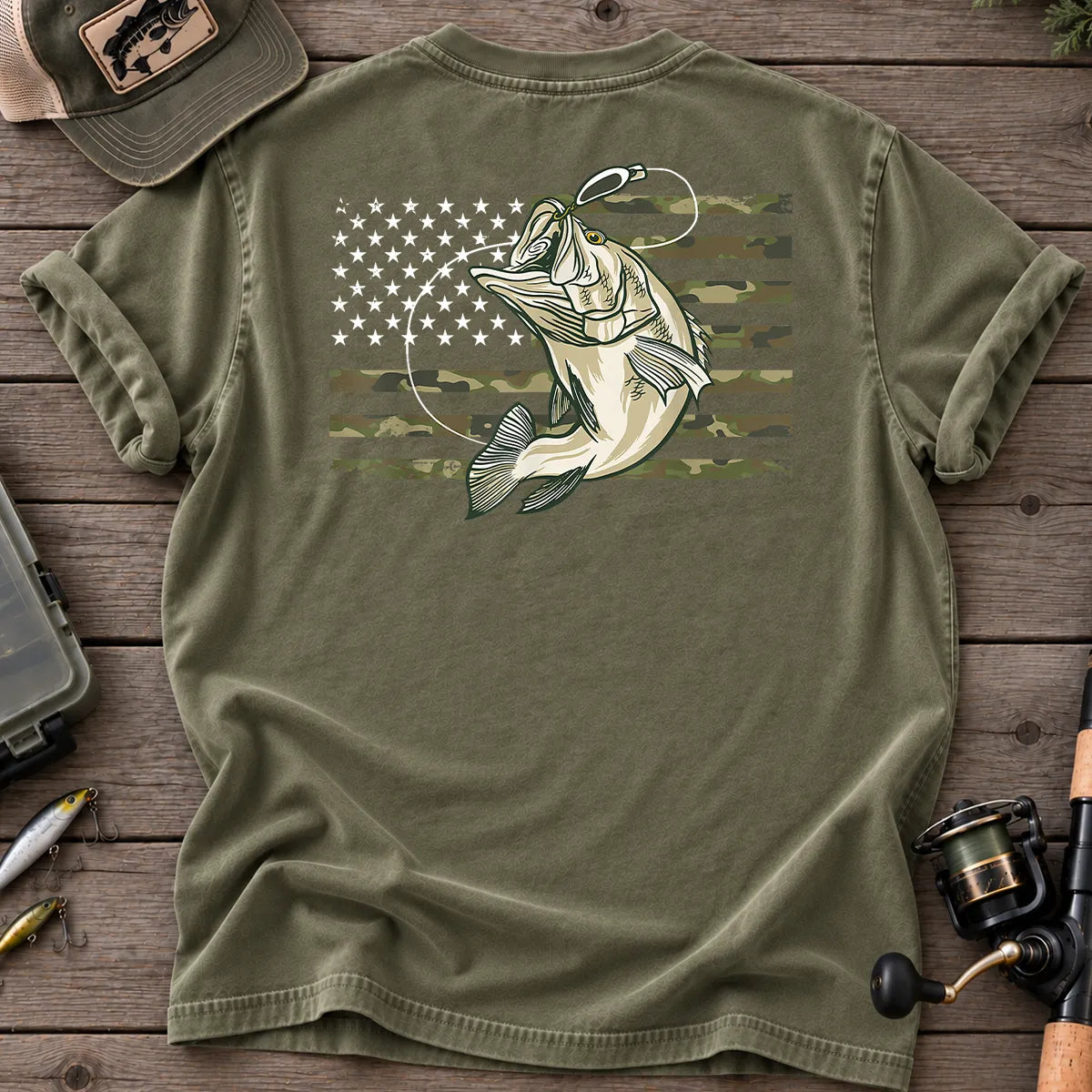 American Flag Bass Fishing Camo T-Shirt in Moss
