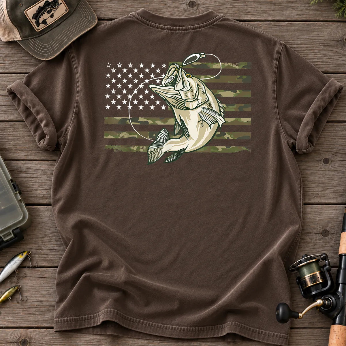 American Flag Bass Fishing Camo T-Shirt in Espresso