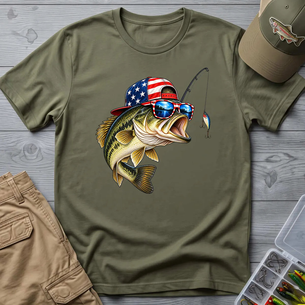 American Flag Bass Fishing T-Shirt in Military Green