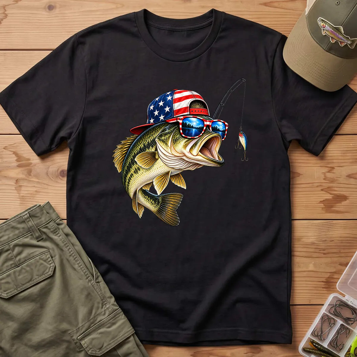 American Flag Bass Fishing T-Shirt in Black