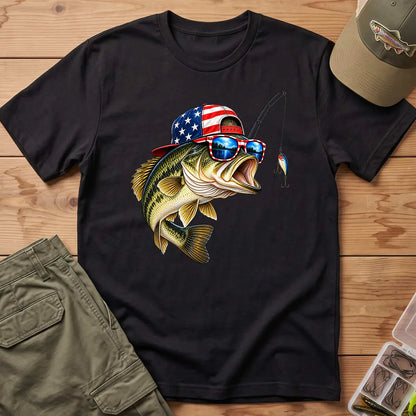 American Flag Bass Fishing T-Shirt in Black